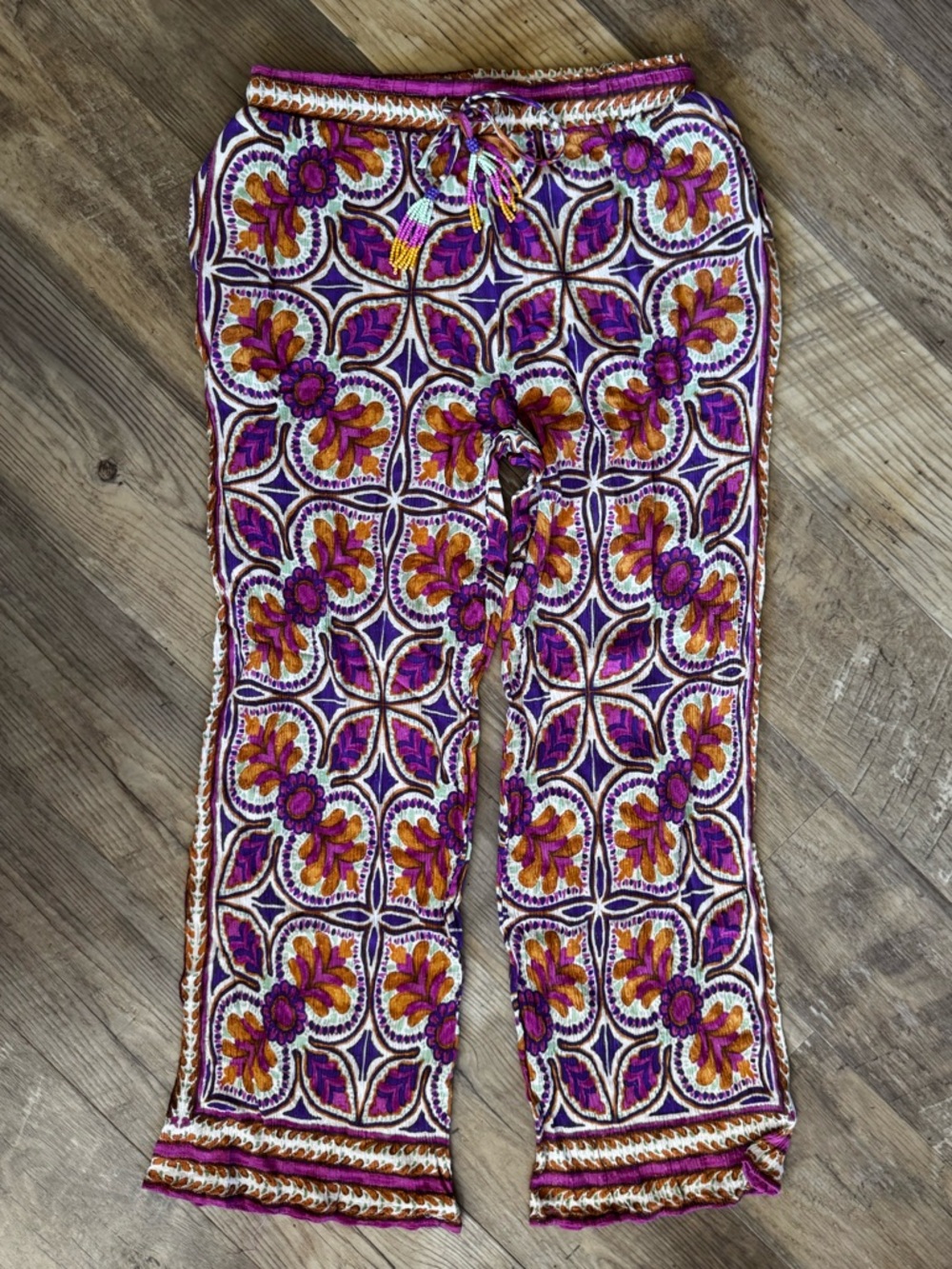 Haute Hippie Patterned Wide leg Beaded Tassel Pants Size Small